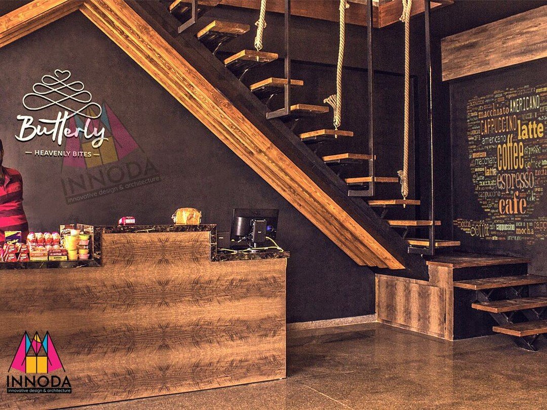 Artisan bar counter and industrial timber staircase